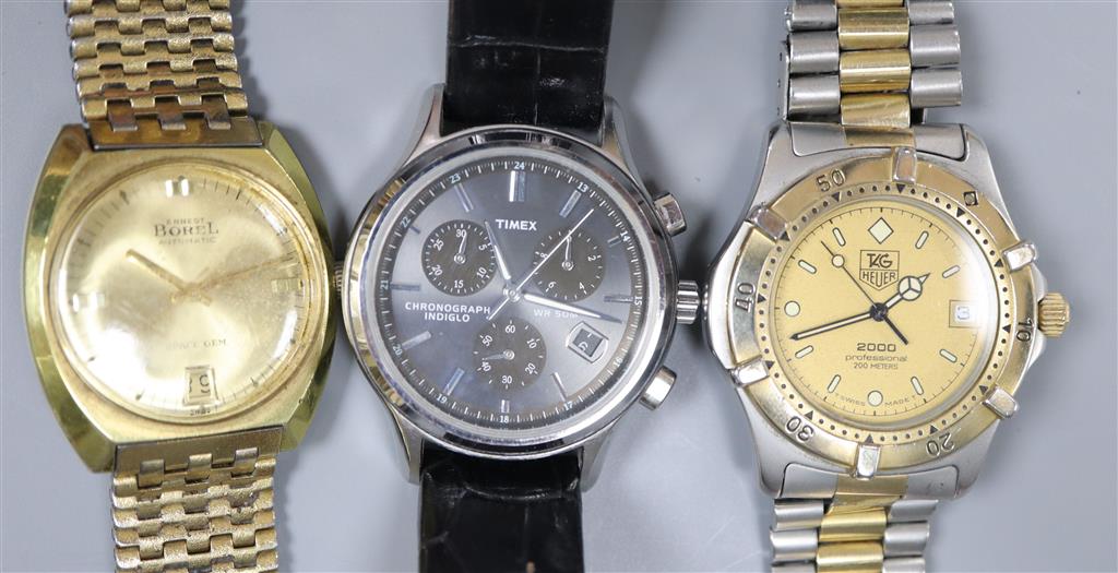 Three assorted gentlemans wrist watches including Timex and Borel.